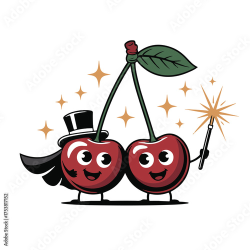 Whimsical cartoon cherries dressed as a magician and assistant celebrating with sparkles and a sparkler on white background