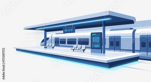 Modern railway station platform with sleek train and information display