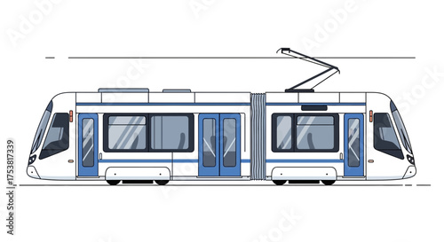 Sleek modern city tram illustration in white and blue, public transport
