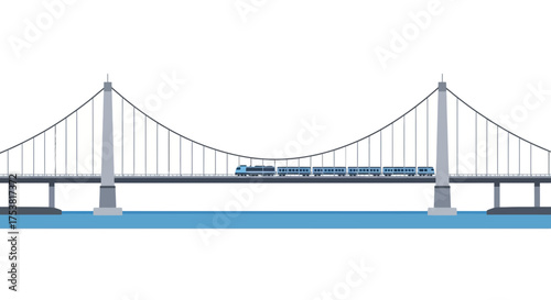 Stylized depiction of a modern train traversing a suspension bridge