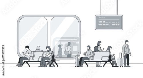 Stylized commuters waiting at train platform in minimalist monochrome art