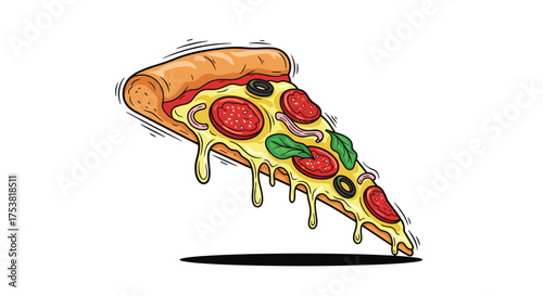 Irresistible, mouthwatering slice of pepperoni pizza with dripping cheese and fresh toppings, perfect for food advertising and culinary themes