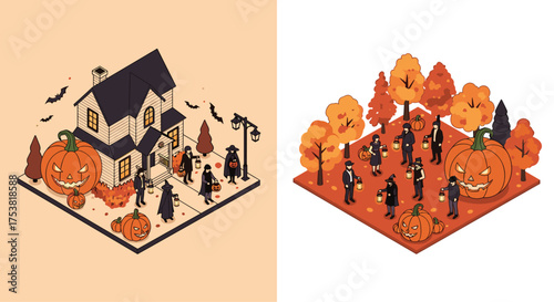 Spooky Halloween night trick or treaters with lanterns gather around a haunted house and giant jack o'lanterns under a bat filled sky