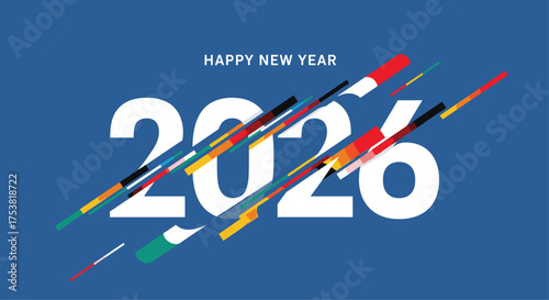 Celebrate the vibrant future with dynamic abstract streaks and bold white '2026' text wishing a happy new year in a modern blue design