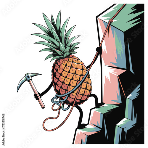 Whimsical pineapple character ascending a rocky cliff face holding a pickaxe and climbing gear