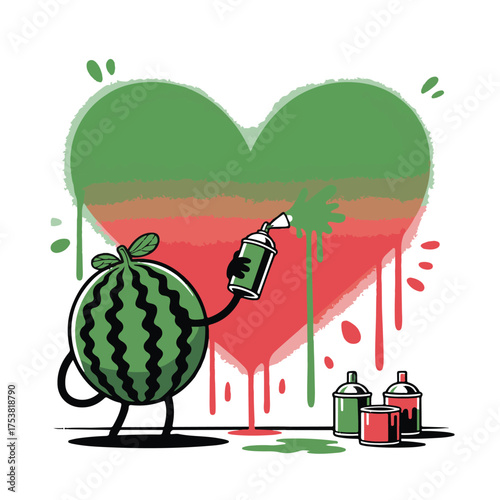 Whimsical watermelon character sprays red and green paint to create a heart shape on a white background