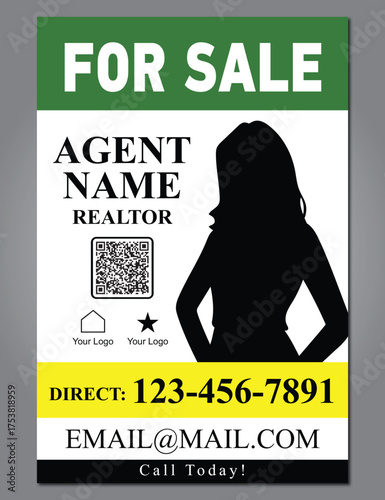 Home sale real estate- Realtors- business yard sign, signage design vector template for outdoor advertising- vertical sign- green and yellow