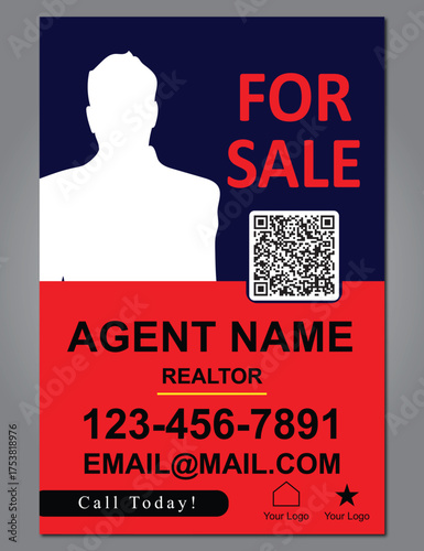 Home sale real estate- Realtors- business yard sign, signage design vector template for outdoor advertising- vertical sign- dark blue and red