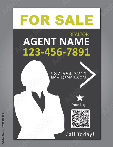 Home sale real estate- Realtors- business yard sign, signage design vector template for outdoor advertising- yellow and gray color- vertical sign