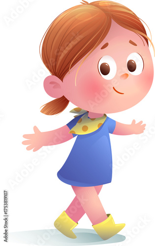 Cute little girl walking with open hands, funny expression on her face with big eyes. Adorable baby girl walking, mascot character for children. Hand drawn child vector cartoon illustration for kids.