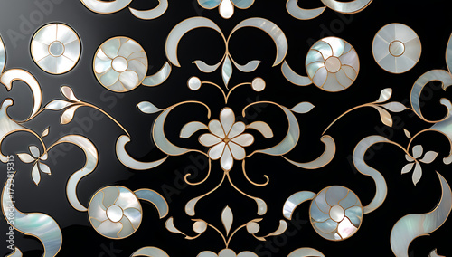 Korean Lacquerware Pattern Design, Intricate Mother-of-Pearl Inlay on Black Lacquer by traditional Korean Najeonchilgi	