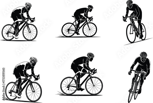 Cyclist silhouette vector, road bike illustration, racing posture, sports activity, helmet gear, dynamic motion, black and white graphic, fitness concept, competitive cycling