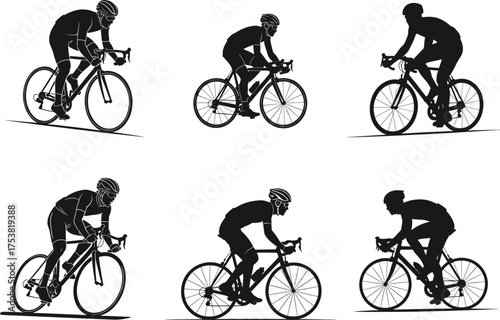 Cyclist silhouette vector set, road bike illustration, athletic riding posture, black and white sports design, dynamic cycling motion, helmeted racer artwork