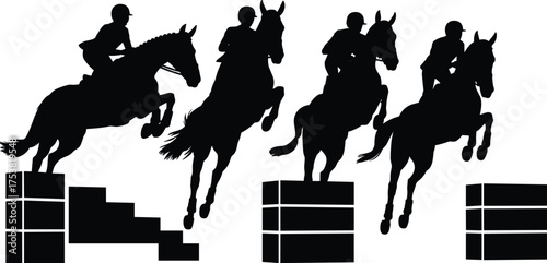 Equestrian jumping silhouette, horse riders mid-air, obstacle course action, black vector style, sport competition, dynamic motion, professional posture, outdoor athletic scene