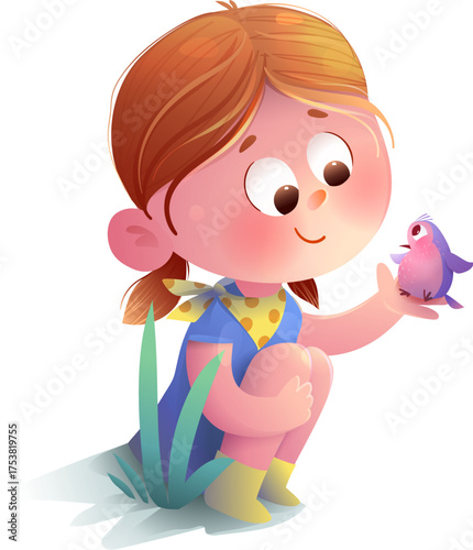 Cute little girl sitting and holding a bird in her hand. Adorable baby girl meeting her new friend little bird. Character design for kids story. Hand drawn child vector cartoon illustration for kids.
