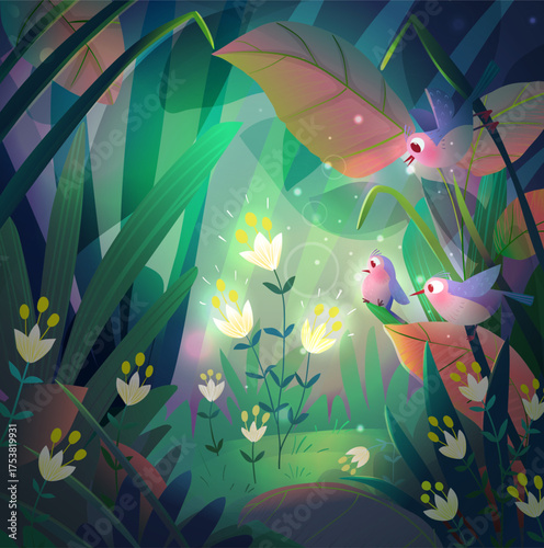 Little birds watching glowing sparkling flowers among leaves and greenery. Dark magical forest scenery. Fantasy wonder scene for kids fairy tale book. Vector cartoon illustration for children story.