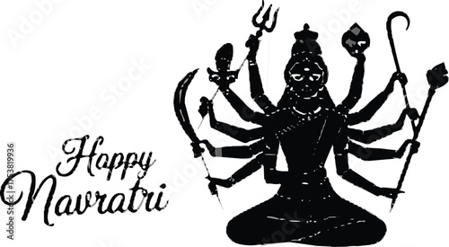 Goddess Durga illustration, Navratri celebration vector, multi-armed deity silhouette, Hindu festival greeting, divine warrior pose, black and white artwork