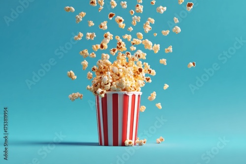 Flying popcorn bursting out of striped bucket on light blue background