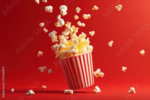 Flying popcorn bursting out of striped bucket on red background