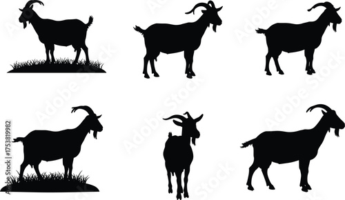 Goat silhouette vector illustration, black goat shapes, farm animal poses, grazing goat clipart, livestock graphic, horned goat design, Adobe Stock content