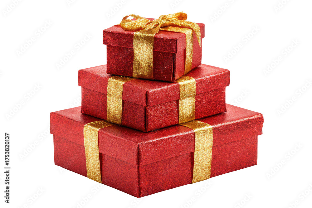 Obraz premium Three red gift boxes stacked, gold ribbons