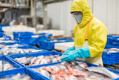 Worker in protective gear sorts fresh fish in a seafood processing facility during the afternoon