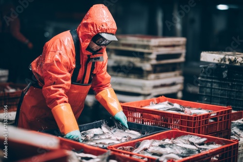 Worker sorting fresh fish in a market during early morning hours in a chilly environment