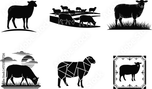 Sheep illustration styles, silhouette, sketch, polygonal, vintage frame, grazing posture, farm animal, black and white vector, rural scene, artistic variation