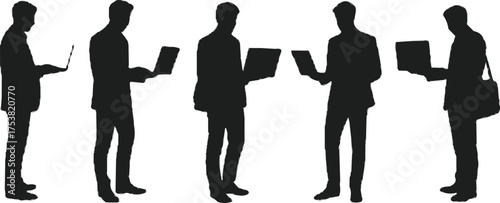 Silhouette people using laptops, digital nomads working remotely, modern tech lifestyle, mobile computing, freelance professionals, business travel, online communication, productivity on the go