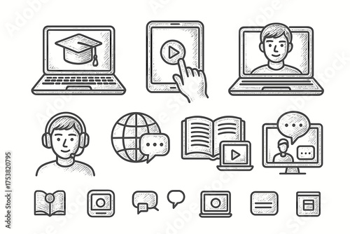 Set of Engraving Sketch Line Icons Illustrating Digital Education, Online Learning, and Virtual Classroom Concepts