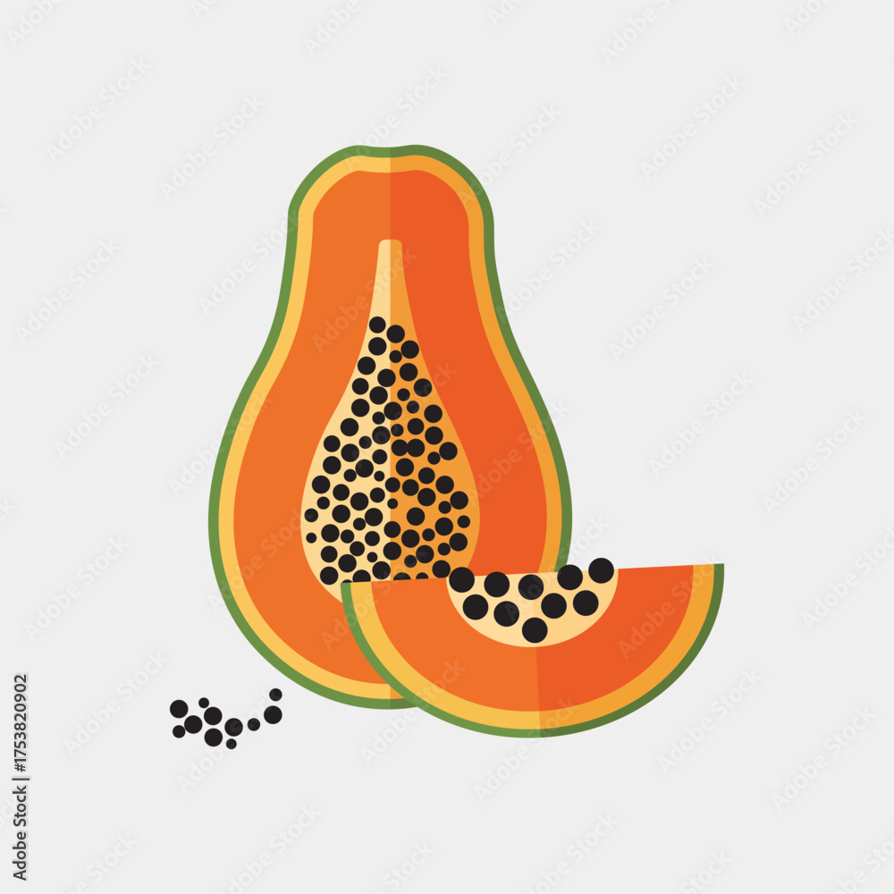 Fototapeta premium Flat Papaya Fruit Vector Design Using Geometric Shapes and Vibrant Colors