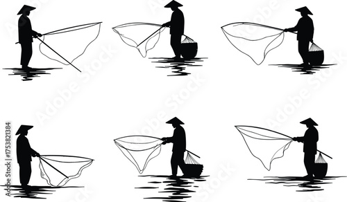 Traditional fishing silhouette, conical hat man, net fishing in shallow water, cultural lifestyle vector, Southeast Asia scene, editable black illustration