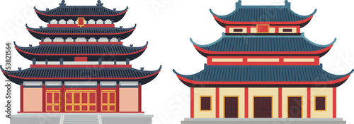 Traditional Asian temple buildings in flat vector style, transparent background  