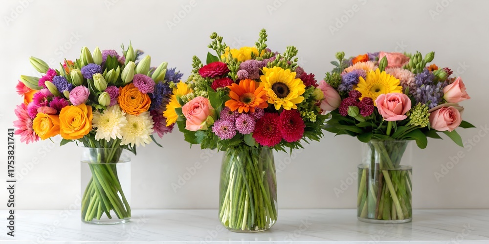 Obraz premium three bouquet of colorful tulips in vase