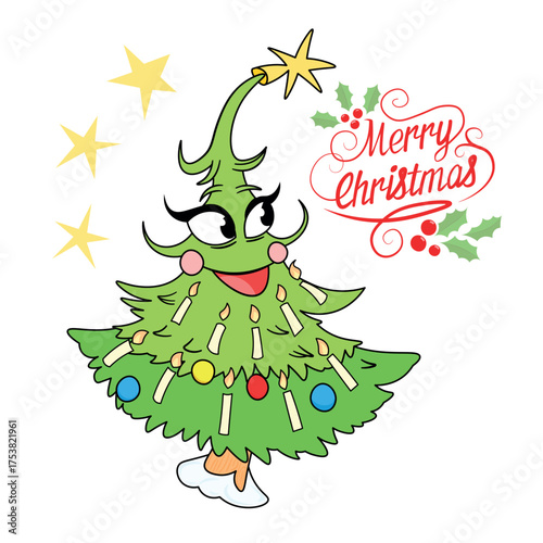 Christmas tree character girl with garlands and candles as decorations. Beautiful inscription “Merry Christmas.” With star and ornaments adorable festive holiday illustration.