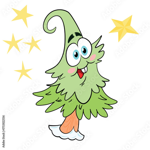 Cute kawaii christmas tree with star and ornaments adorable festive holiday illustration. Winter, Christmas, and New Year, hand-drawn clip art. Vector illustration on a white background.