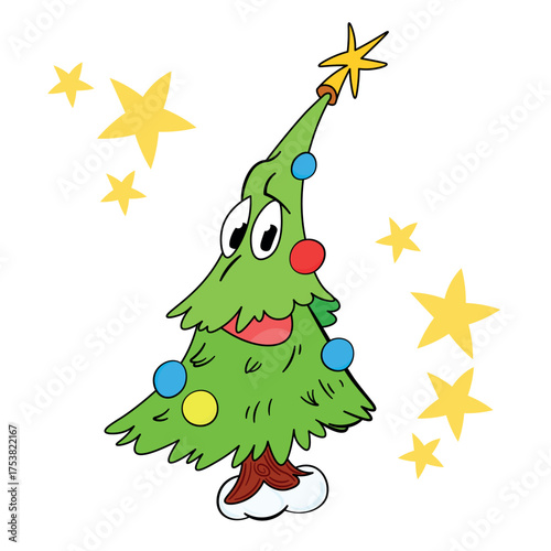 A Christmas tree character decorated with garlands. Surrounded by stars. With a star and decorations—a charming illustration of a festive day. Winter, Christmas, and New Year, hand-drawn clip art.