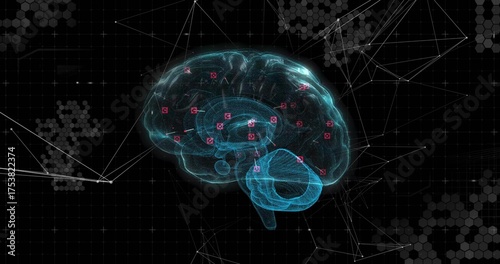 Floating 3D wireframe brain model showing neural links over grid, with pink nodes and white lines