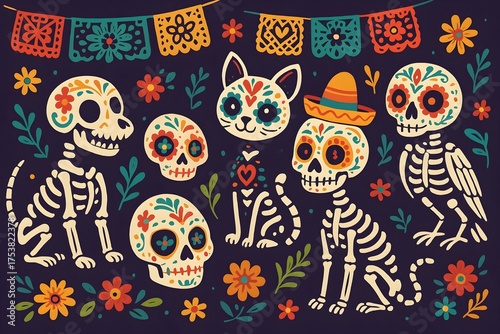 Horror mexican animals skulls, sugar pet skull and skeletons. Mexican fiesta decoration, cartoon celebrating day of dead racy vector symbols