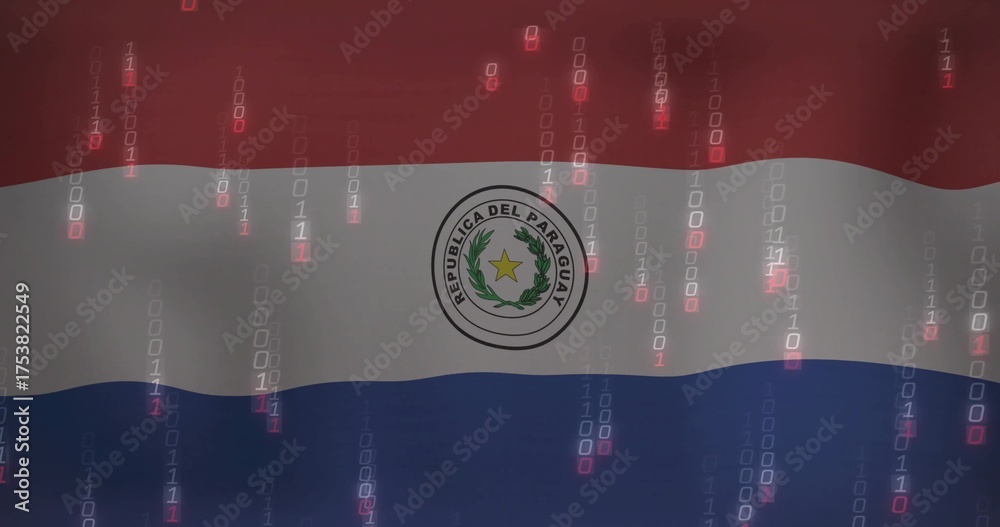 Naklejka premium Displaying Paraguayan flag with coat of arms emblem across digital graphic, streaming binary code