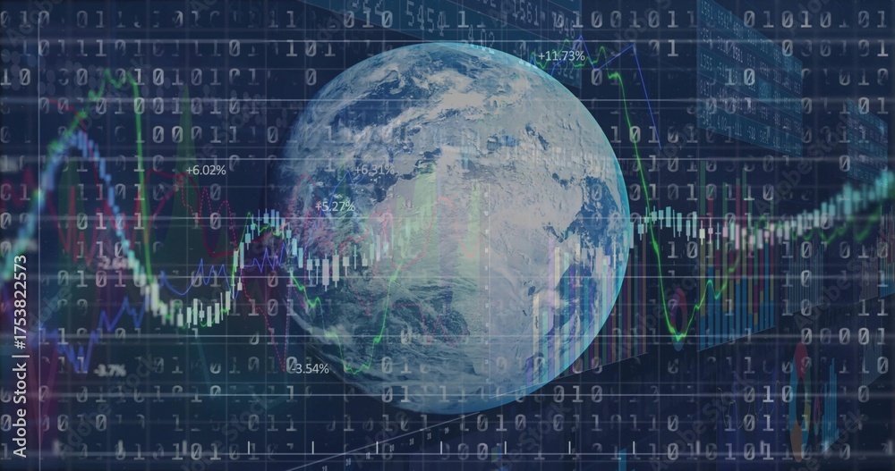 Obraz premium Displaying planet Earth rotating in virtual analytics hub, with binary code and financial charts