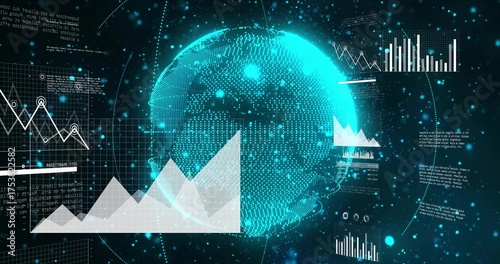 Displaying holographic globe rotating over digital grid, with area and line charts, data points