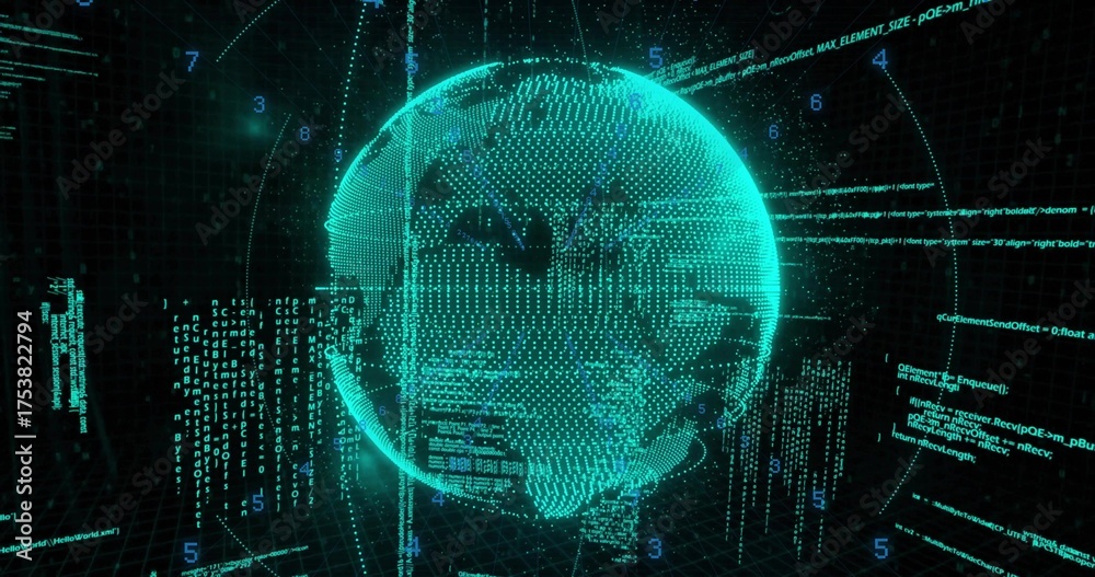 Fototapeta premium Holographic globe rotating in virtual grid space, with floating code fragments and numeric overlays