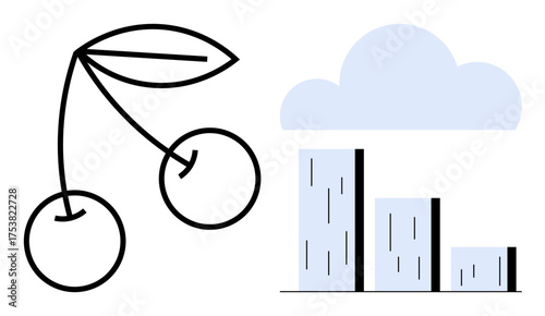 Cherry branch with leaves next to a bar graph under a cloud. Ideal for sustainability, agriculture, growth, weather forecasting, data analysis, environmental factors, simple flat metaphor