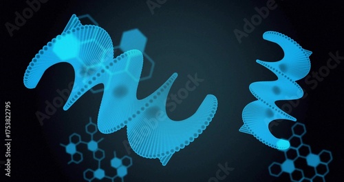 Swirling large and small blue dotted waveform ribbons in digital space, with hexagonal clusters