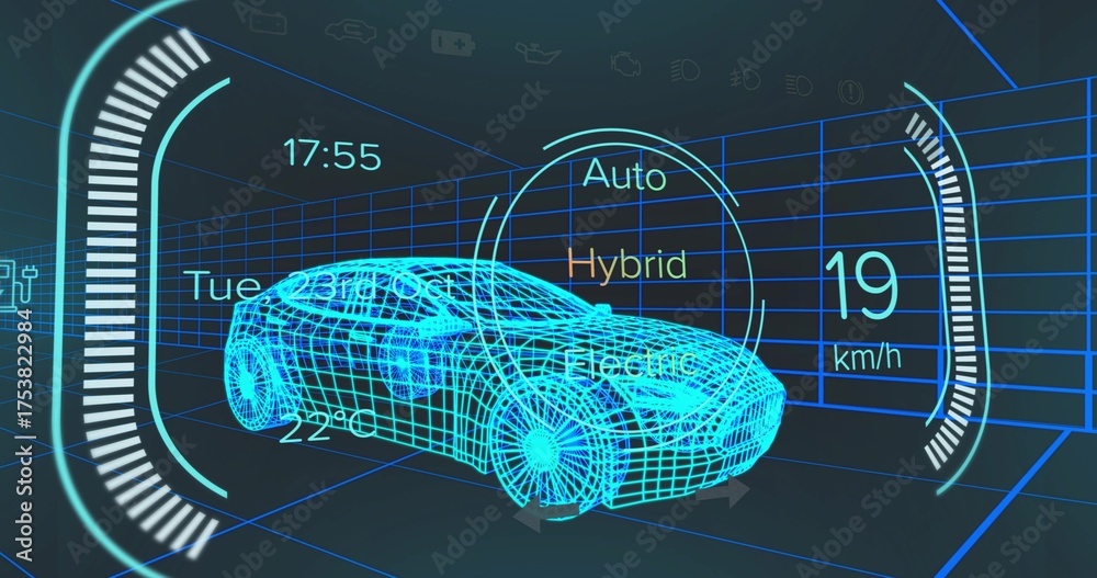 Naklejka premium Displaying neon blue 3D wireframe car in grid UI, with gauge bars, drive-mode selector and readouts