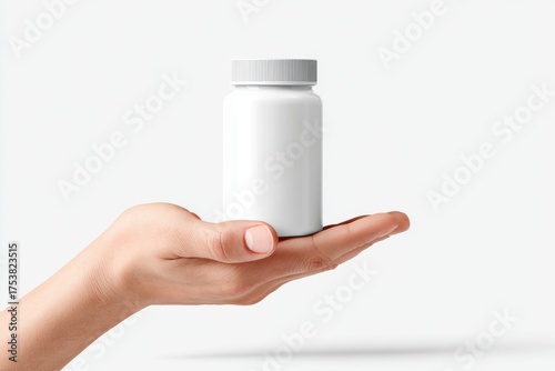 Hand holding blank white medicine bottle isolated on white / Supplement container mockup in hand minimal background