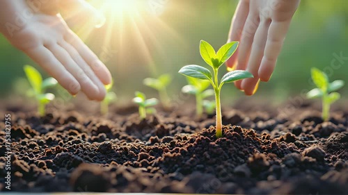 A young green sprout grows from dark soil held in small hands, representing new life, nature, and the care of a seedling in a white isolated environment