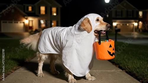Wallpaper Mural Golden Retriever in Ghost Costume with Candy Bucket at Night Torontodigital.ca
