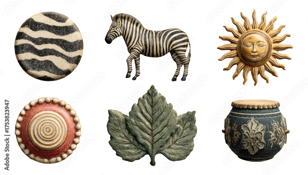 Fototapeta premium Decorative Objects Featuring Zebra, Sun, Leaf and Artistic Designs on Isolated Background